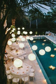 two pictures one with tables and chairs next to the other with lights on them in front of a swimming pool