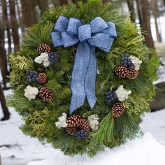 a wreath with pine cones, berries and blue ribbon hanging on a tree in the snow