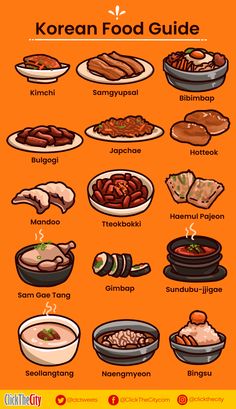 the korean food guide is shown in an orange background