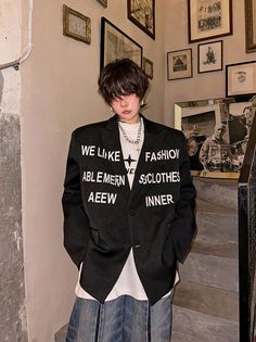 Black Statement Print Suit Blazer Jacket | Changbin - Stray Kids Black M Black Letter Print Outerwear For Fall, Oversized Black Outerwear With Letter Print, Black Letter Print Winter Outerwear, Winter Black Letter Print Outerwear, Urban Letter Print Outerwear For Spring, Spring Urban Outerwear With Letter Print, Urban Spring Letter Print Outerwear, Oversized Black Punk Outerwear, Black Punk Outerwear With Graphic Print