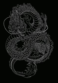 a black and white drawing of a dragon