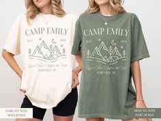 Are you looking for a trendy shirt for your camp bachelorette party? This beautiful Comfort Colors t-shirt, with a mountain design, is meant to bring some fun to your bachelorette party as you and your girlfriends will have matching clothes to celebrate this special occasion. If you know someone who is planning to go camping or hiking for their bachelorette party, this tee would make a great gift for them.  Check out more unique and funny designs in our shop, including more bridal party gifts: h Summer Camping Tops With Custom Print, Custom Print Summer Tops For Camping, Hiking Bachelorette, Bachelorette Tshirt, Lake Bachelorette, Camp Bachelorette Party, Camping Bachelorette, Bachelorette Tees, Bachelorette Tshirts