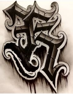 a black and white drawing of some type of design on the side of a wall