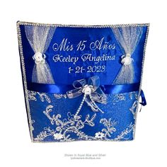 a blue and white wedding card holder