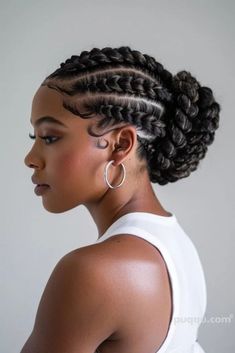 Braid Buns Hairstyles For Black Women, Pony Braids For Black Women, Professional Cornrows For Work, Protective Styles For Natural Hair Braids Cornrow, Braided Up Do For Black Women, Black African Hairstyles, Cornrows With Bun, Biracial Hair Styles, 4c Updo