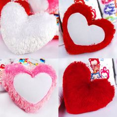 four different types of heart shaped pillows on white surface with red and pink fur around the edges