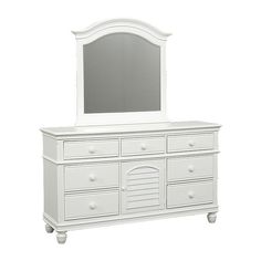 a white dresser with a mirror on top of it and drawers under the drawer,