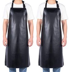 two men wearing black leather aprons, one with an open front and the other without