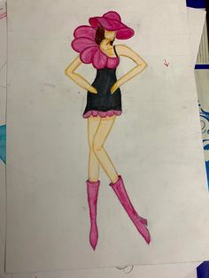 a drawing of a woman with pink boots and a flower in her hair is shown