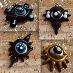 four different pictures of an evil eye with black and white balls in it's eyes