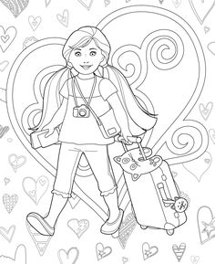 a girl with luggage is walking through the heart shaped pattern on her coloring book page