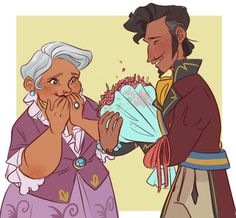 an older woman is giving flowers to a younger man in disney's beauty and the beast