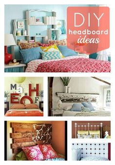 a collage of photos with different types of bedding and pillows on them, including the words diy headboard ideas