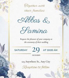 an elegant wedding card with blue flowers and greenery on the front, in gold frame