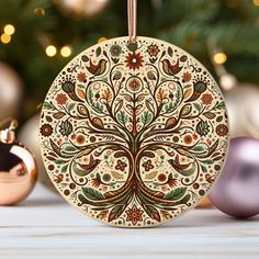 an ornament hanging from a christmas tree with ornaments around it