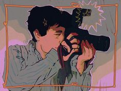 a man holding a camera up to his face while looking into the distance with an expression drawn on it