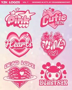 various heart shaped stickers are shown in pink and white, with the word love on them