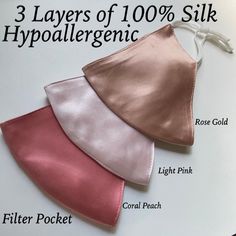 "3 Layers of highest quality SILK with quality sewing stitch work offered at the lowest price. This is not cheap 2 layer low grade mulberry silk with poor sewing stitch! Every Layer of this mask is 100% mulberry Silk Grade 6A 19mm. FACTS TO KNOW about your Silk or Satin Mask - Are you buying a silk or satin mask? Silk is far superior to satin in quality and benefits. Our Mask is 100% Mulberry Silk. All 3 layers of our mask are made with Mulberry Silk. - SENSITIVE SKIN and ALLERGIES ? Our Mulberr Luxury Face Mask, Luxury Mask, Party Face Masks, Bridal Mask, Silk Mask, Silk Face Mask, Mulberry Silk Fabric, Pockets Fashion, Coral Peach