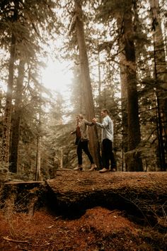 two people standing on a log in the woods holding onto each other's hands