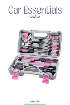 the car essentials tool kit is packed with pink and gray tools in it, including scissors