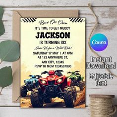 a birthday card with four atvs on the front, and text that reads it's time to get muddy jackson is turning six