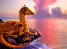 a painting of a dragon sitting on top of a rock in front of the ocean