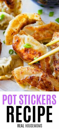 the recipe for pot stickers is ready to be eaten with chopsticks in it