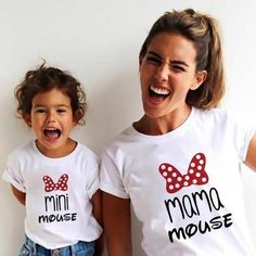 Mama Mouse Matching Mother & Daughter Shirts-Shirt White Fun Tops With Cartoon Print, Fun White Tops With Cartoon Print, Fun White Top With Cartoon Print, Family Matching White T-shirt With Cartoon Print, Fun White Printed Tops, White Top With Cartoon Print, Family Matching Character Print Cotton Tops, Family Matching Cotton Tops With Character Print, Fitted White Tops With Character Print