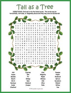 the tall as a tree word search page is shown in green and has leaves on it