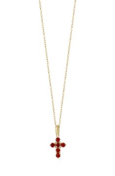 This handcrafted necklace is centered with a garnet-covered cross to add a powerful statement to your stack. 16" length; 2" extender; 1/4"W x 1/2"L pendant 14k gold/garnet Imported Ruby Cross Necklace, Unique Cross Necklace, Juliet Costume, Red Cross Necklace, Gold Cross Necklace For Women, Red Necklaces, Cross Necklace Simple, Catholic Necklace, Cross Necklaces