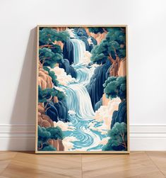 a painting on the wall in front of a white wall with a waterfall and trees