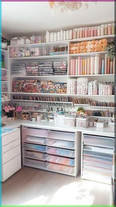 an organized sewing room with lots of crafting supplies on shelving units and drawers