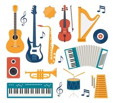 various musical instruments are arranged in a circle