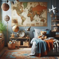 a teddy bear sitting on top of a bed next to a wall mounted world map