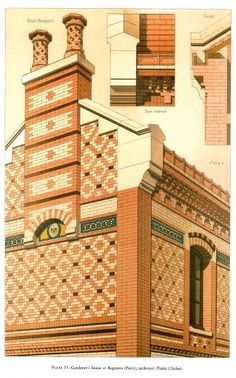 an old brick building with different designs on the front and side walls, including two chimneys