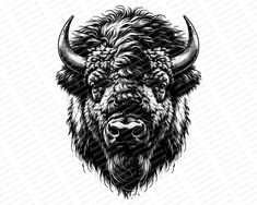 an illustration of a bison's head in black and white, with long horns