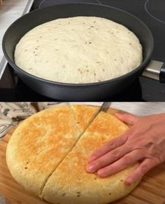 two pictures one with bread and the other with pizza crusts on it, both being made in a cast iron skillet