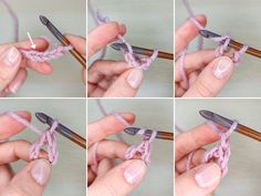 four pictures show how to crochet the ends of yarn