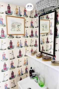 guest bathroom decorated in a statement wallpaper depicting figures in historic russian costumes on a cream background. Bathroom Wallpaper Inspiration, Wallpaper For Small Bathrooms, Seaside Wallpaper, Modern Floral Wallpaper, Small Bathroom Wallpaper, Powder Room Wallpaper, Modern Wallpaper Designs