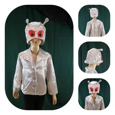 three pictures of a mannequin wearing a silver jacket and red eyeballs on its face