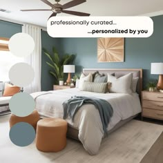 a bedroom with blue walls, white bedding and a ceiling fan that reads professionally decorated personalized by you