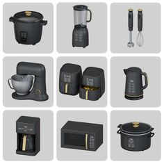 black kitchen appliances are arranged in squares on a gray background with gold trimmings