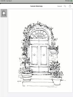 a line drawing of a doorway with potted plants