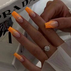 Amazon.com: MISUD Coffin Press on Nails Long Fake Nails Glossy Glue on Nails Orange Ombre Acrylic Nails Ballerina Gradient Artificial Nails Bling Glitter Line Stick on False Nails with Design 24 pcs : Beauty & Personal Care Yellow Nails Design, Ombre Acrylic Nails, Coffin Press On Nails, Vacation Nails, Orange Nails, Yellow Nails, Fire Nails, Bling Nails, Artificial Nails