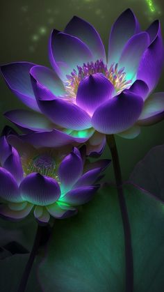 two purple flowers with green leaves in the foreground