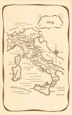 an old map shows the location of italy and its surrounding countries, with names in brown ink