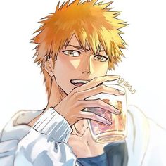 an anime character holding a drink in his hand