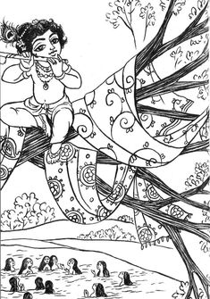 a drawing of a woman flying through the air with birds on her feet and trees in the background