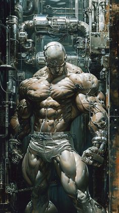 an image of a man with muscles in front of some pipes and wires on the wall