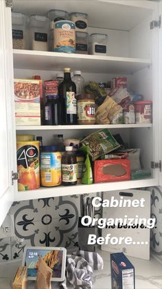 an organized pantry is shown with food items